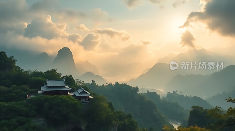 晨光中的山间古寺