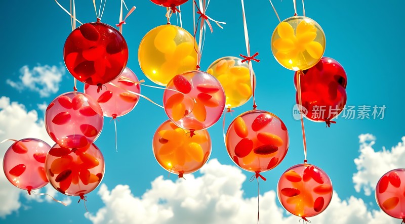 五彩缤纷气球飘荡蓝天白云间