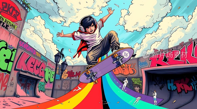 滑板少年飞跃彩虹