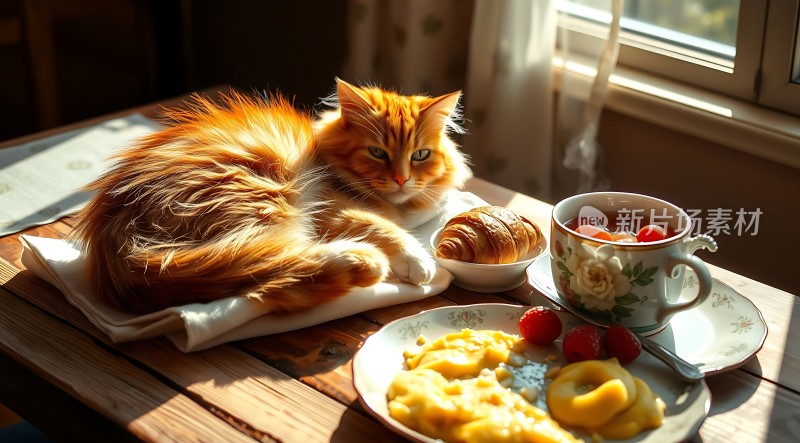 阳光下的猫咪与早餐