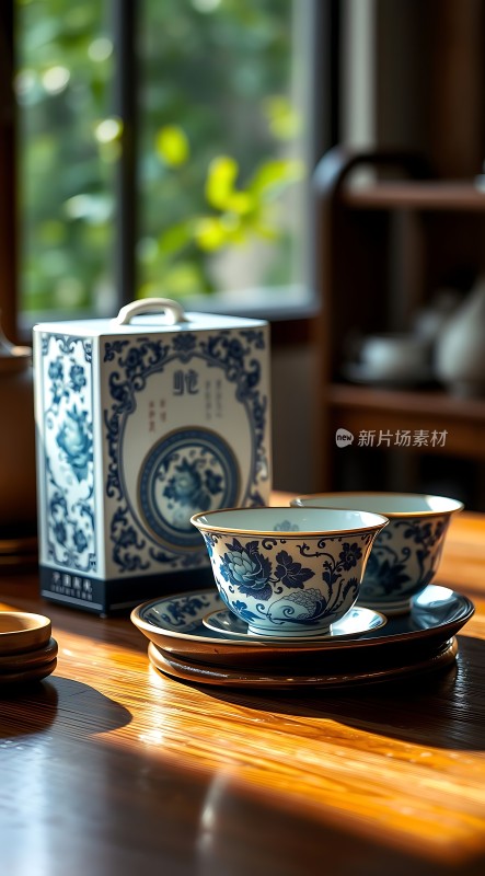 青花瓷茶具阳光下的优雅展示