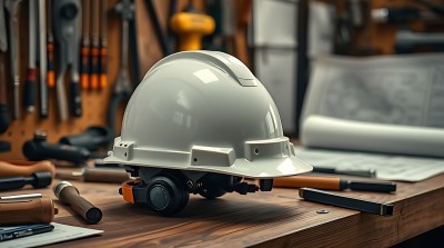 工作台上的安全帽与工具