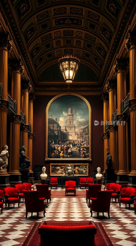 艺术殿堂红椅环绕壁画高悬古典优雅