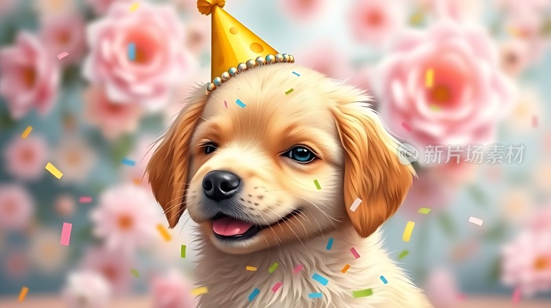 金毛小狗戴生日帽背景有粉色花朵和彩色纸屑