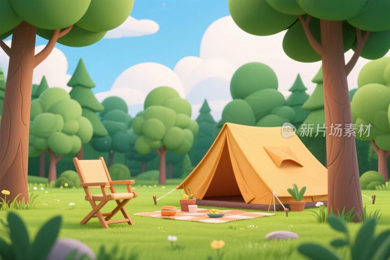 森林中的露营场景插画