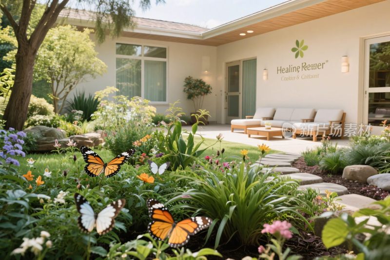 美丽庭院中的花丛与蝴蝶