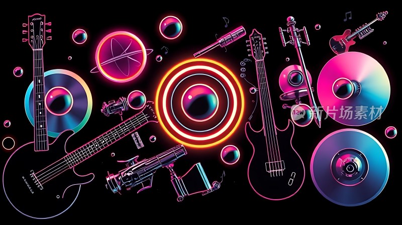 音乐风暴吉他、麦克风与光盘的炫彩交响