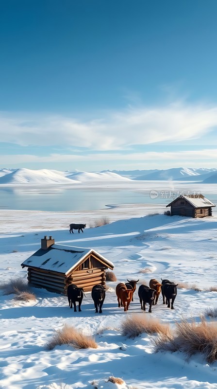 雪原小木屋与牛群