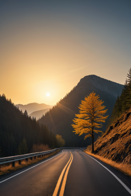 道路一侧一棵孤树高清风景图片