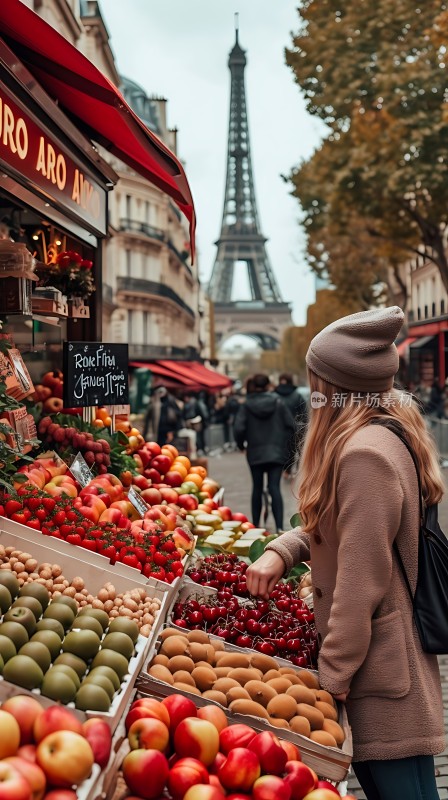 巴黎街头水果摊旁埃菲尔铁塔下
