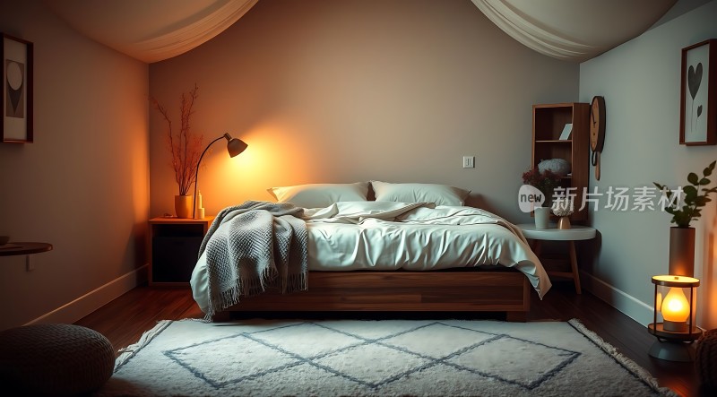 温馨卧室舒适床铺柔和灯光宁静氛围