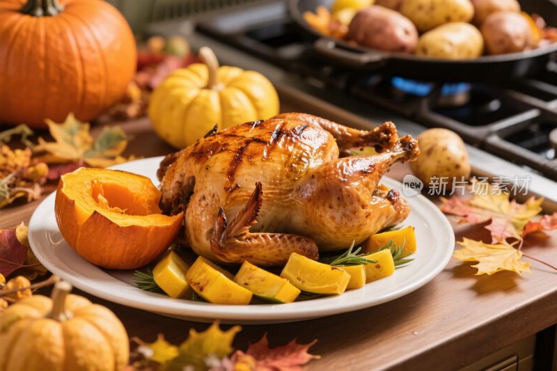 感恩节餐桌烤火鸡美食