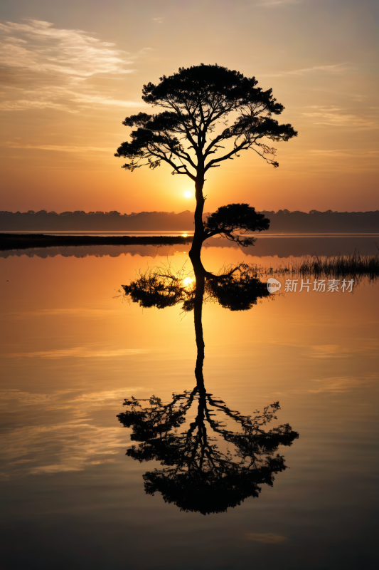 水中的树日落高清风景图片