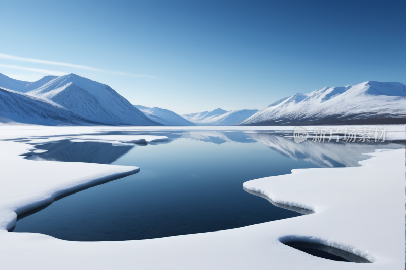 雪山倒映在湖中地面结冰高清背景图片