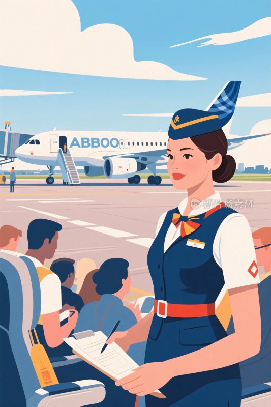 机场空姐与乘客场景插画