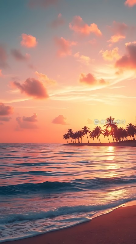 日落椰林海浪轻拍沙滩