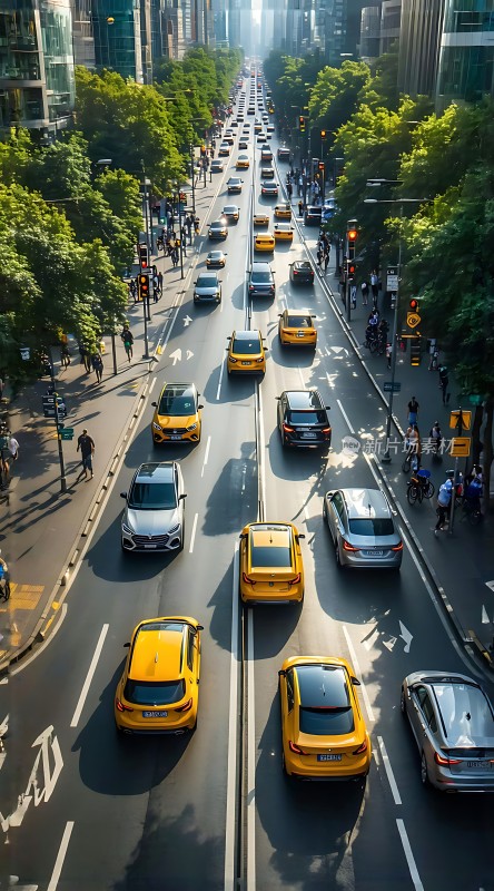 城市街道车水马龙阳光下的繁忙都市生活