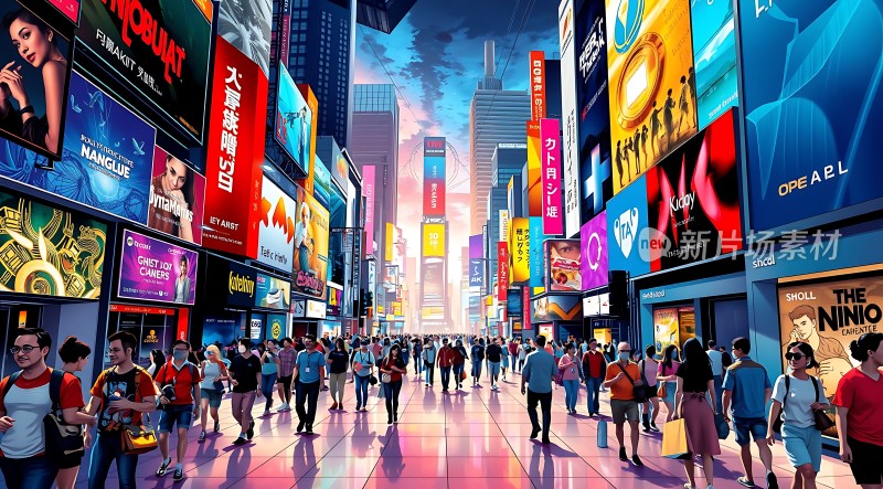 繁华都市街头霓虹闪烁人群熙攘