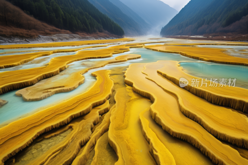 视图的河流黄色的水和山在背景高清图片