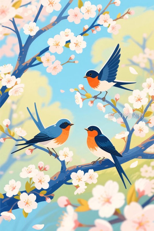 春日樱花燕子插画