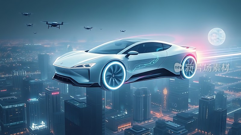 未来科技之城悬浮汽车与无人机共舞