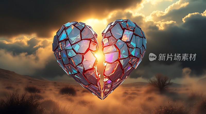 破碎的心形宝石在日落下的沙漠中闪耀