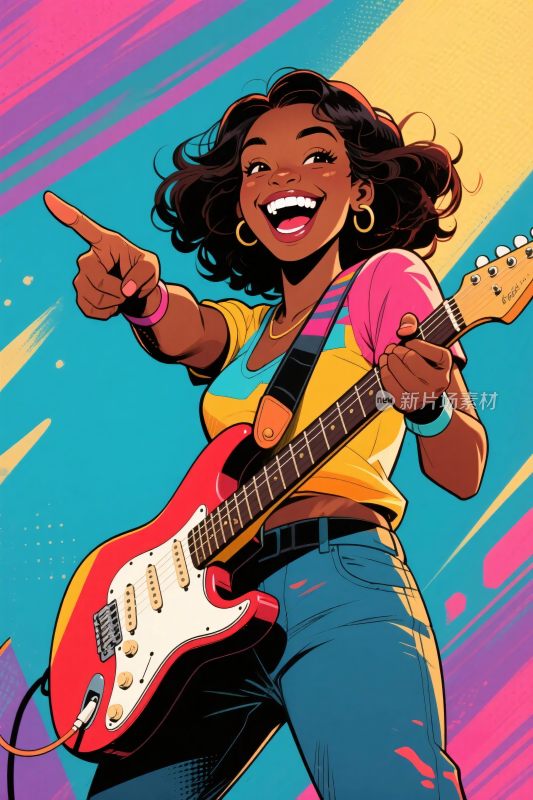 卡通女性弹吉他插画