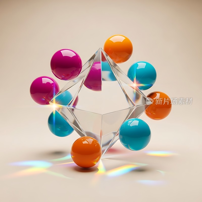 多彩光球环绕透明晶体