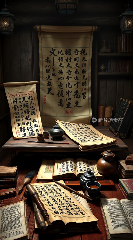 古风书房书法墨香四溢