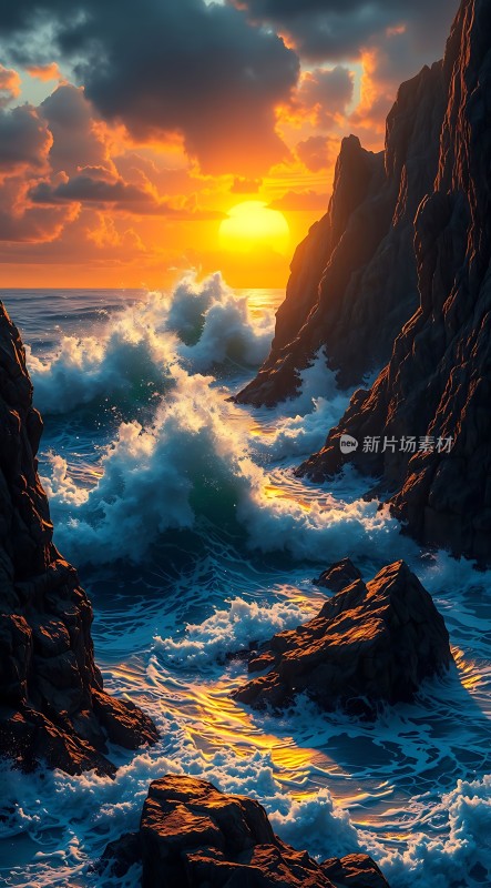 日落时分的海浪与岩石