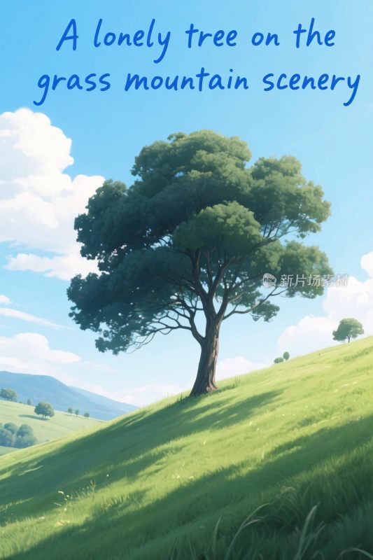 孤树草地山景插画