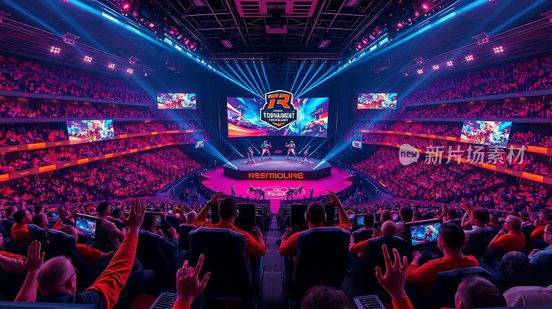 电竞大赛现场观众热情高涨舞台灯光璀璨
