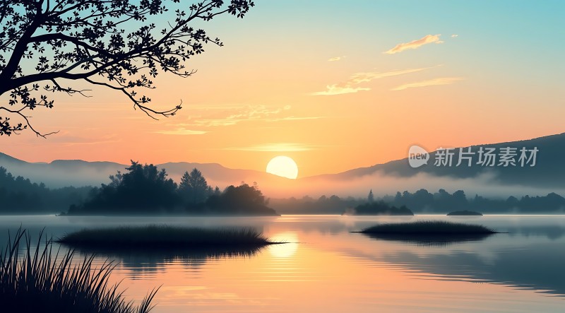 湖畔晨曦映山峦