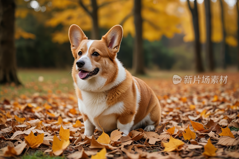 一只狗坐在树叶里高清背景图片