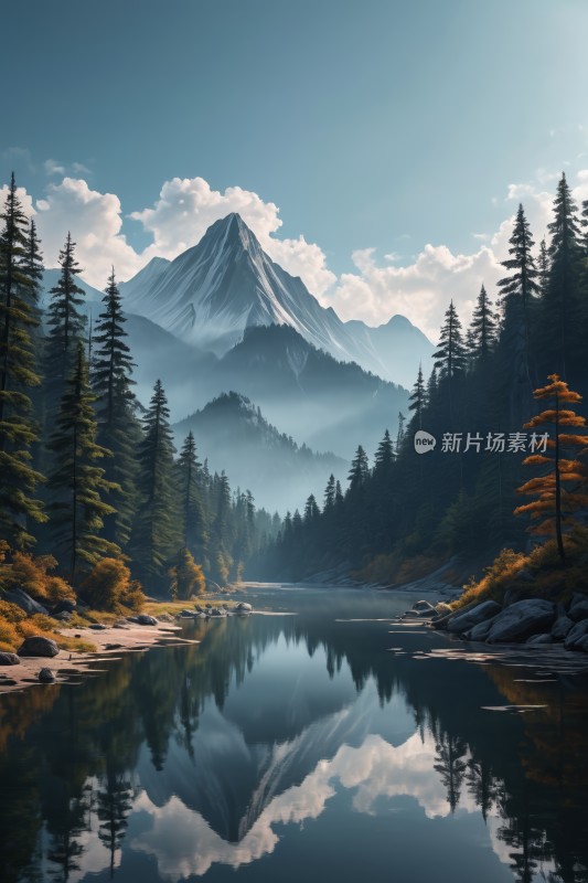 山和树倒映在前景的湖泊中高清风景图片