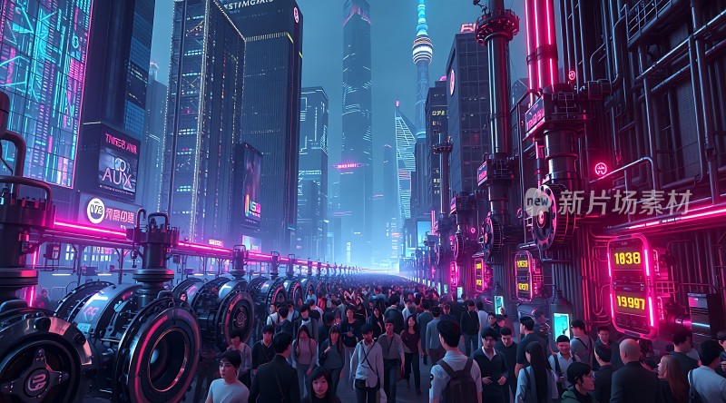 未来都市繁华夜景霓虹闪烁人群熙攘