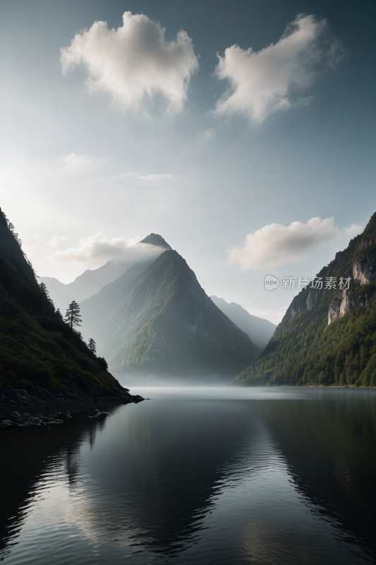 山和湖泊中间一艘船高清风景图片