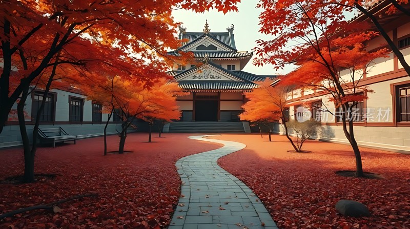 秋日古寺红枫路