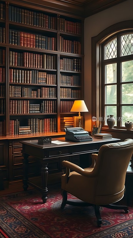 书房一角书架、桌椅与自然光相映成趣