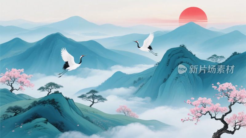 山水间双鹤伴红日图景