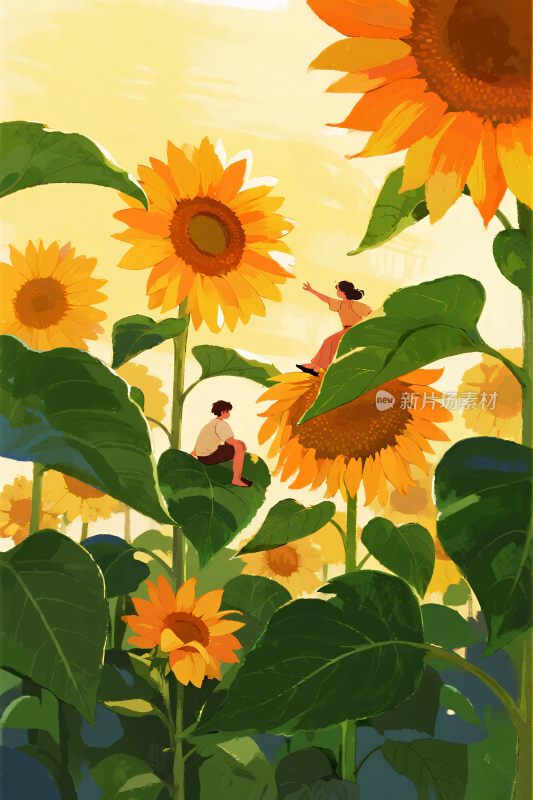 向日葵花田中的两人互动场景