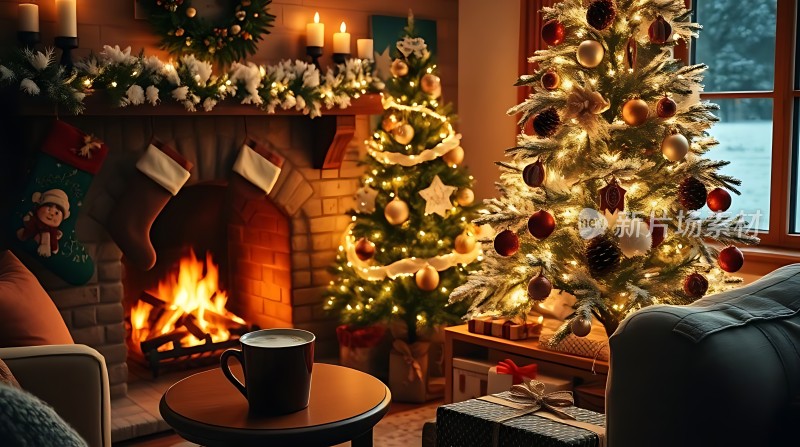 温馨圣诞夜壁炉旁的温暖与树下的礼物