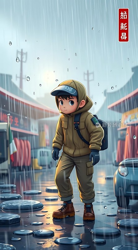 雨中冒险的小男孩