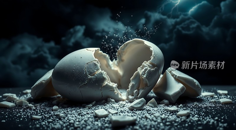 破碎的蛋壳与黑暗背景下的光亮