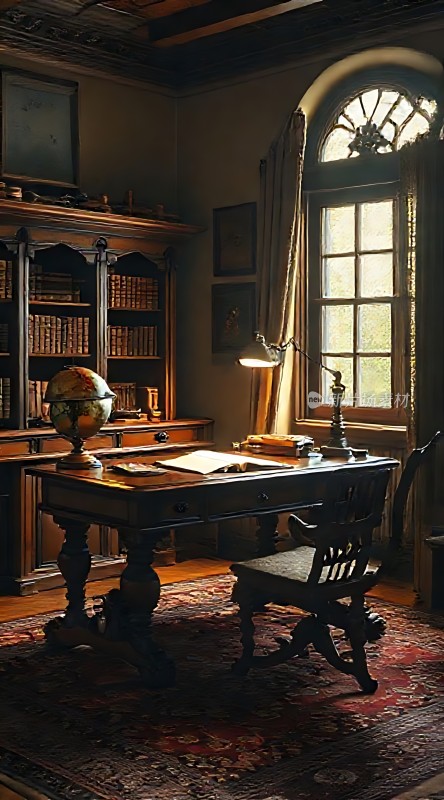 书房一角古董书桌与地球仪静谧而优雅