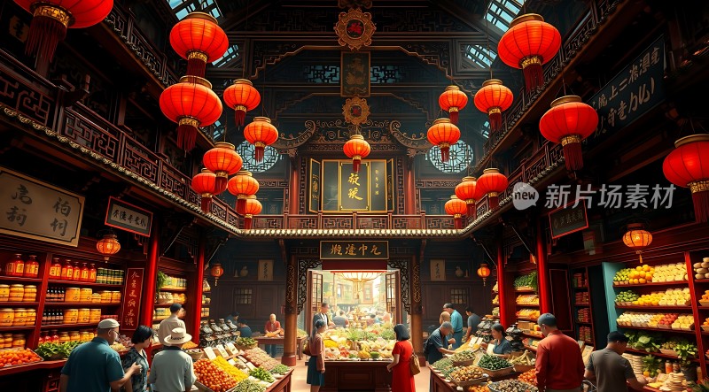 古色古香市场琳琅满目商品热闹非凡场景