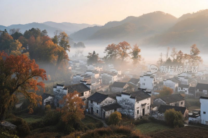 晨雾中的山村美景
