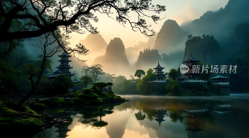 晨雾中的古塔与山水