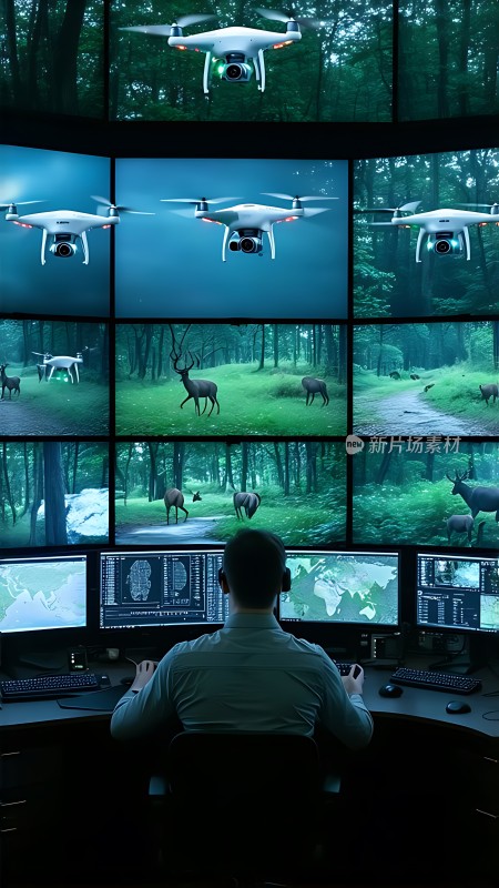 森林监控中心无人机与鹿群共舞
