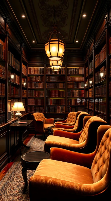 古色古香的书房书架、沙发和吊灯